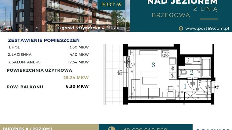 Rzut - Mieszkanie na sprzedaż 1 pokój o powierzchni 25,24 m² - numer A-21 w Port 69