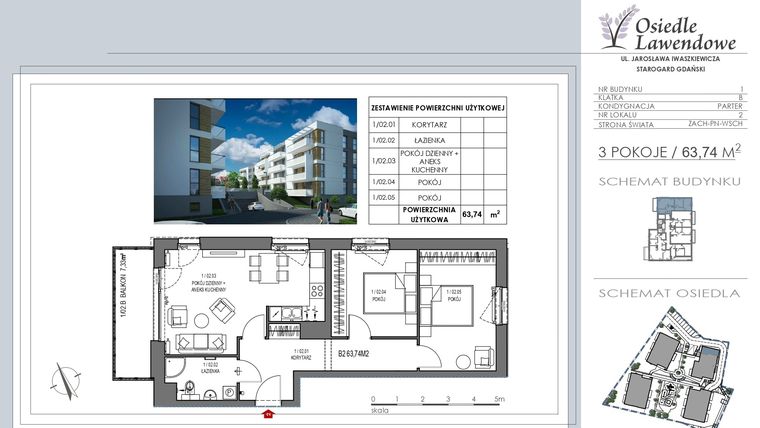 Rzut - Mieszkanie na sprzedaż 3 pokoje o powierzchni 63,74 m² - numer B2 w Osiedle Lawendowe