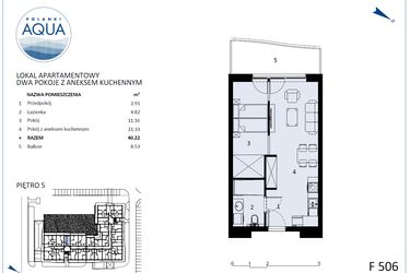 Rzut - Mieszkanie na sprzedaż 1 pokój o powierzchni 39,27 m² - numer F506 w Polanki Aqua - budynek E i F