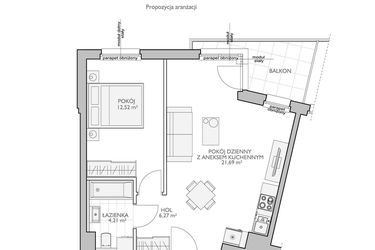 Rzut - Mieszkanie na sprzedaż 2 pokoje o powierzchni 45,78 m² - numer WO/O18/10 w Wiszące Ogrody