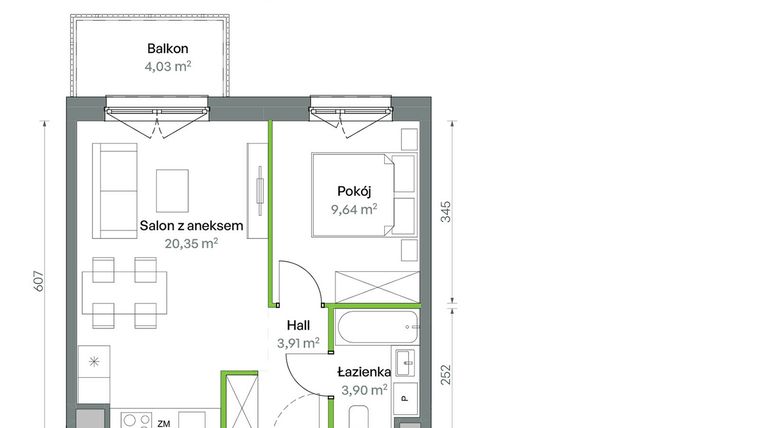 Rzut - Mieszkanie na sprzedaż 2 pokoje o powierzchni 37,8 m² - numer 1/A/2/47 w Oliwska Vita