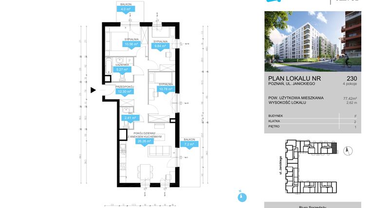 Rzut - Mieszkanie na sprzedaż 4 pokoje o powierzchni 77,42 m² - numer CDEF.230 w Wieża Jeżyce etap II