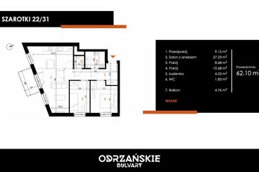 Rzut - Mieszkanie na sprzedaż 3 pokoje o powierzchni 62,1 m² - numer 22/31 w Odrzańskie Bulvary
