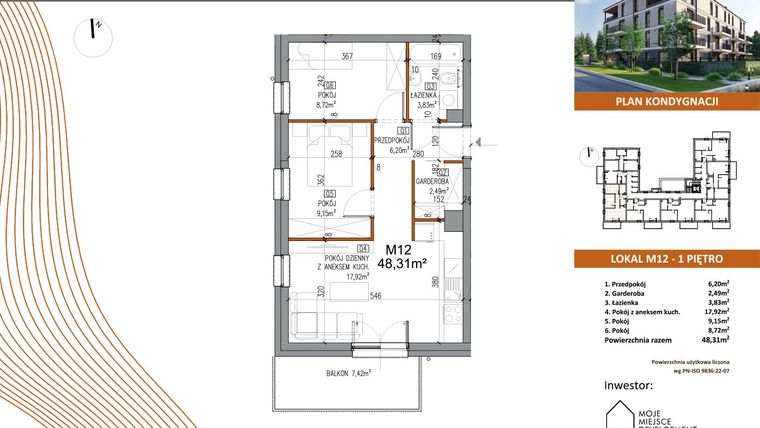 Rzut - Mieszkanie na sprzedaż 2 pokoje o powierzchni 48,31 m² - numer M12 w Villa Terra