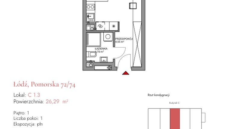 Rzut - Mieszkanie na sprzedaż 1 pokój o powierzchni 26,29 m² - numer C 1.3 w Melody Loft