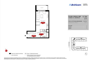 Rzut - Mieszkanie na sprzedaż 1 pokój o powierzchni 34,33 m² - numer L2.164 w Wieża Jeżyce etap VI