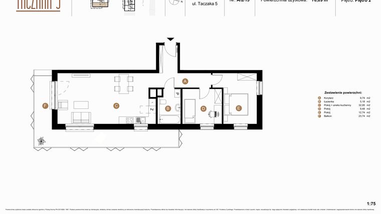 Rzut - Mieszkanie na sprzedaż 3 pokoje o powierzchni 70,12 m² - numer A-2-13 w Taczaka 5