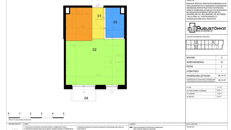 Rzut - Mieszkanie na sprzedaż 1 pokój o powierzchni 36,14 m² - numer A43 w Augustówka Residence