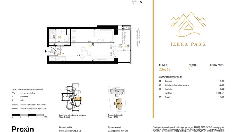 Rzut - Mieszkanie na sprzedaż 1 pokój o powierzchni 32,59 m² - numer 23A/13 w Izera Park
