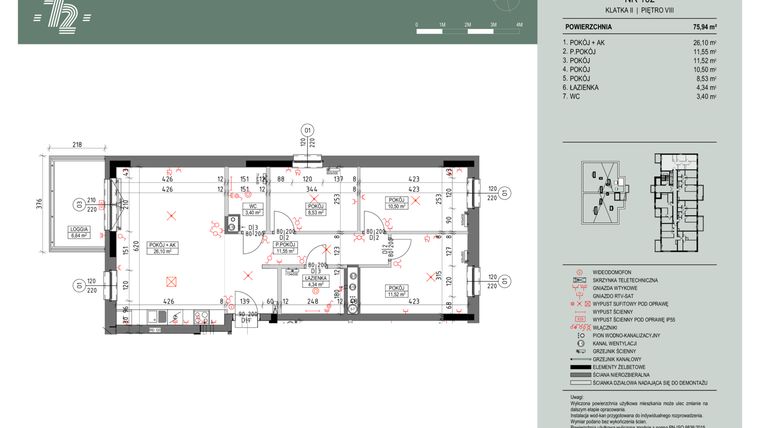 Rzut - Mieszkanie na sprzedaż 4 pokoje o powierzchni 75,94 m² - numer 102 w Wspólnota Mieszkaniowa Gajowa 72