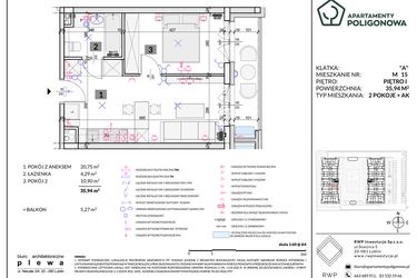 Rzut - Mieszkanie na sprzedaż 2 pokoje o powierzchni 35,94 m² - numer 15 w Apartamenty Poligonowa etap 5