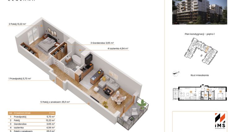 Rzut - Mieszkanie na sprzedaż 2 pokoje o powierzchni 52,54 m² - numer B.1.1 w Rondo Ceglana etap II