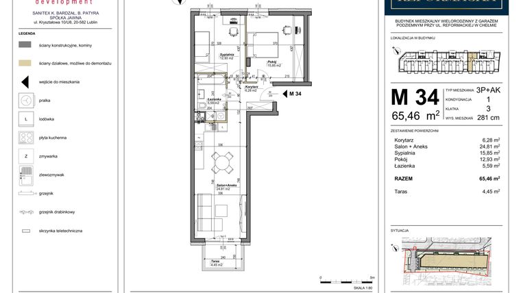 Rzut - Mieszkanie na sprzedaż 3 pokoje o powierzchni 65,46 m² - numer 34 w Nowa Reformacka