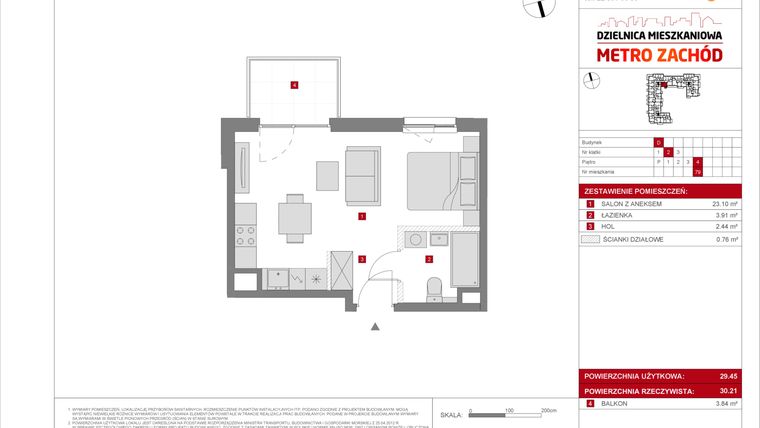 Rzut - Mieszkanie na sprzedaż 1 pokój o powierzchni 29,45 m² - numer D.79 w Dzielnica Mieszkaniowa Metro Zachód - etap 8.2