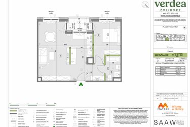 Rzut - Mieszkanie na sprzedaż 2 pokoje o powierzchni 52,4 m² - numer F1.A.01.02 w Verdea Żoliborz