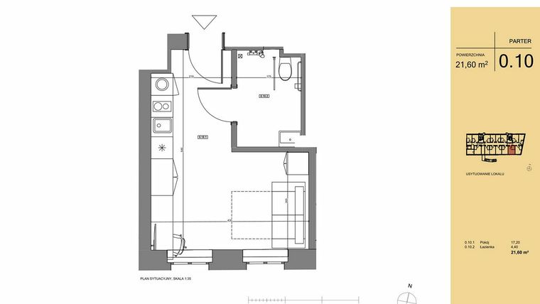 Rzut - Mieszkanie na sprzedaż 1 pokój o powierzchni 21,6 m² - numer 0.10 w Rezydencja San Petrus