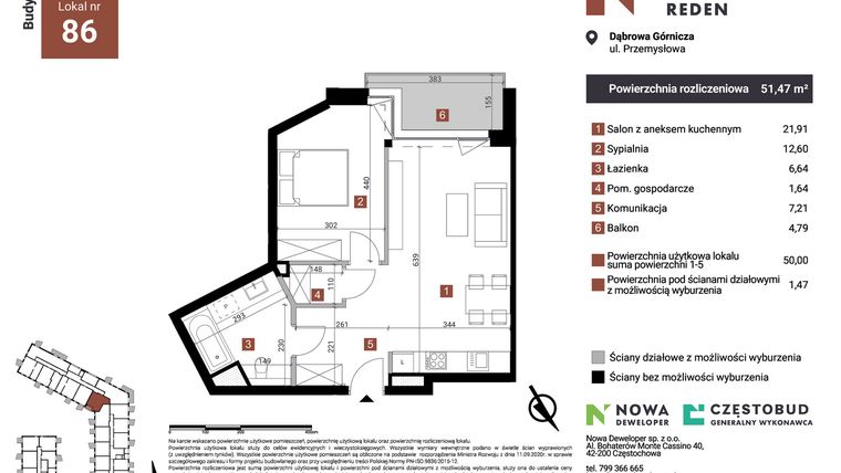 Rzut - Mieszkanie na sprzedaż 2 pokoje o powierzchni 51,47 m² - numer A86 w Nowy Reden