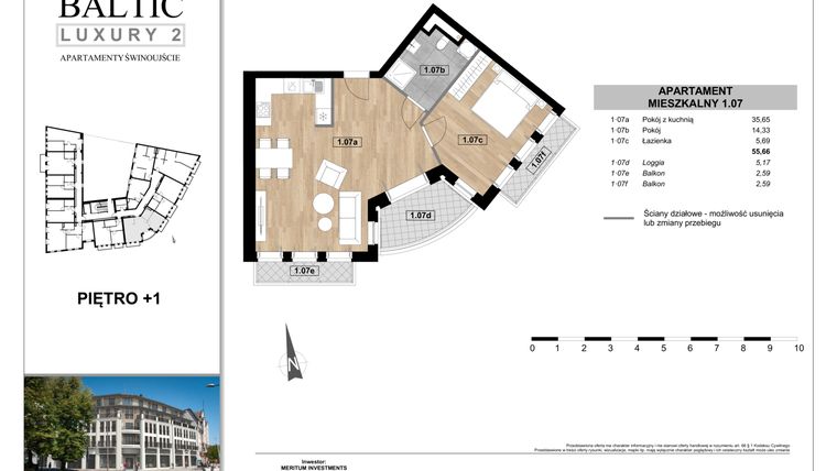 Rzut - Mieszkanie na sprzedaż 2 pokoje o powierzchni 55,66 m² - numer 1.07 w Baltic Luxury 2