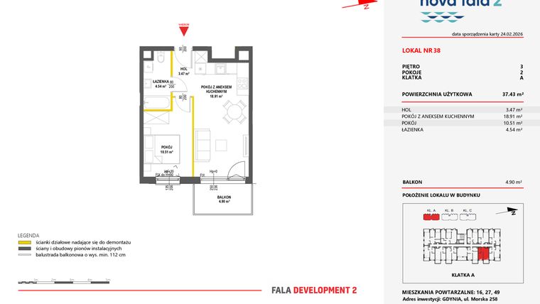 Rzut - Mieszkanie na sprzedaż 2 pokoje o powierzchni 37,43 m² - numer 38 w Miasteczko Nova Fala 2