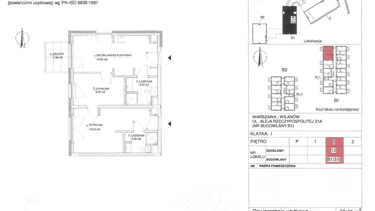 Rzut - Mieszkanie na sprzedaż 3 pokoje o powierzchni 56,01 m² - numer 12 w RZ21