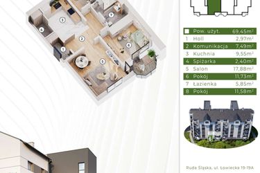 Rzut - Mieszkanie na sprzedaż 3 pokoje o powierzchni 69,45 m² - numer 19A.M6 w Osiedle Leśny Zakątek