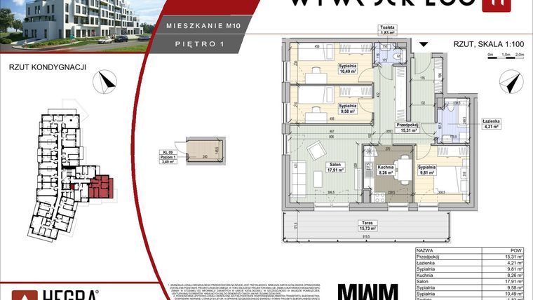 Rzut - Mieszkanie na sprzedaż 4 pokoje o powierzchni 77,4 m² - numer M10 w Apartamenty Wywrockiego 11