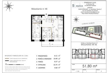 Rzut - Mieszkanie na sprzedaż 3 pokoje o powierzchni 51,8 m² - numer M46 w Staszica
