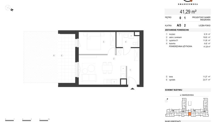 Rzut - Mieszkanie na sprzedaż 2 pokoje o powierzchni 41,29 m² - numer A/3/0.1 w Smardzewska 8