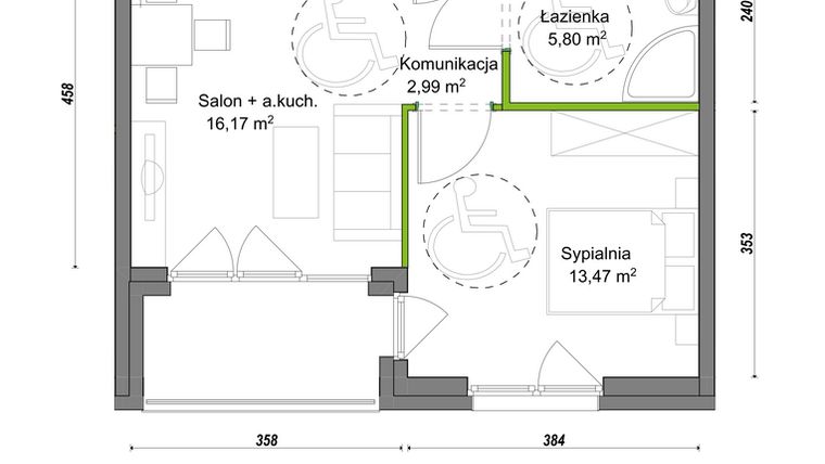Rzut - Mieszkanie na sprzedaż 2 pokoje o powierzchni 38,43 m² - numer F2/F/04 w Orawska Vita