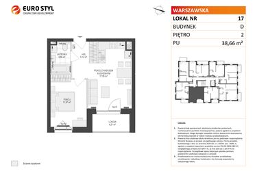 Rzut - Mieszkanie na sprzedaż 2 pokoje o powierzchni 38,66 m² - numer D.17 w Osiedle Warszawska etap II