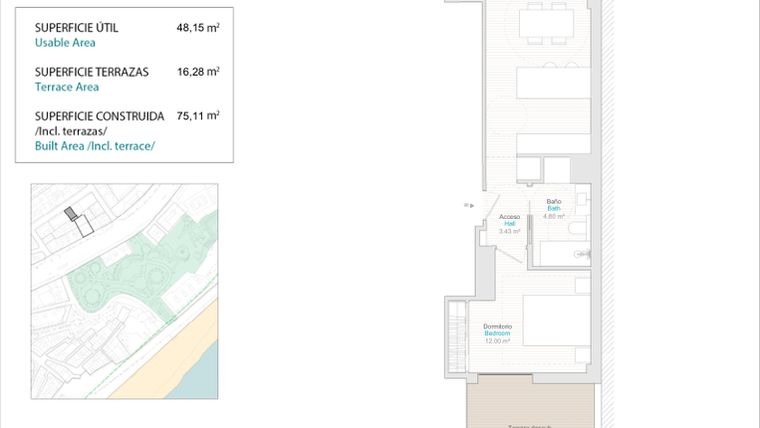 Rzut - Mieszkanie na sprzedaż 1 pokój o powierzchni 48 m² - numer 2.1B w Allonbay Urban - Villajoyosa
