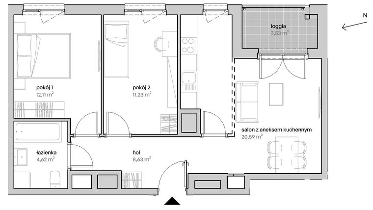 Rzut - Mieszkanie na sprzedaż 3 pokoje o powierzchni 56,96 m² - numer A.11.132 w Unii Lubelskiej Vita