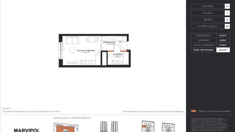 Rzut - Mieszkanie na sprzedaż 1 pokój o powierzchni 28,03 m² - numer M082 w Aleje 138