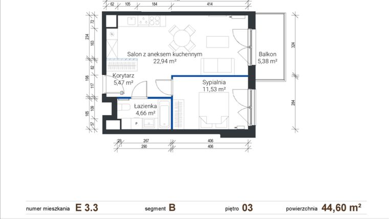 Rzut - Mieszkanie na sprzedaż 2 pokoje o powierzchni 44,6 m² - numer E 3.3 w Nowe Zabłocie