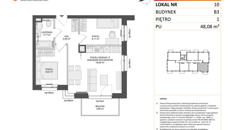 Rzut - Mieszkanie na sprzedaż 3 pokoje o powierzchni 48,08 m² - numer B3.10 w Osiedle Przy Błoniach 3 etap III