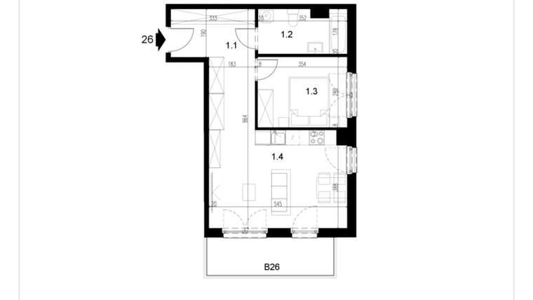 Rzut - Mieszkanie na sprzedaż 2 pokoje o powierzchni 47,95 m² - numer LM26 w Kameralna Koszykarska