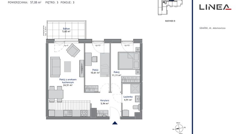 Rzut - Mieszkanie na sprzedaż 3 pokoje o powierzchni 57,08 m² - numer B.3.5 w Linea