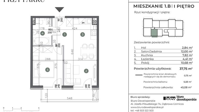 Rzut - Mieszkanie na sprzedaż 2 pokoje o powierzchni 37,75 m² - numer 1.B w Willa przy parku