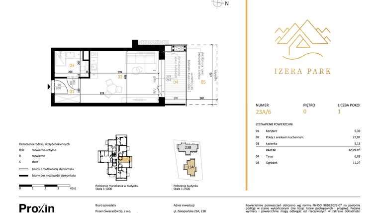 Rzut - Mieszkanie na sprzedaż 1 pokój o powierzchni 32,59 m² - numer 23A/6 w Izera Park