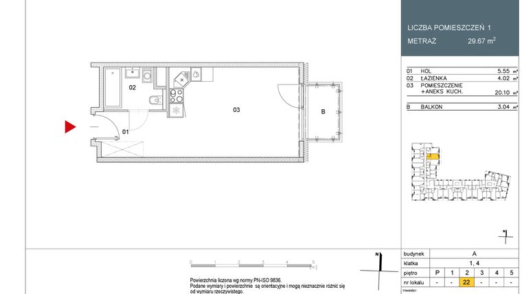 Rzut - Mieszkanie na sprzedaż 1 pokój o powierzchni 29,67 m² - numer L22 w Morwowa 5 - Apartamenty inwestycyjne