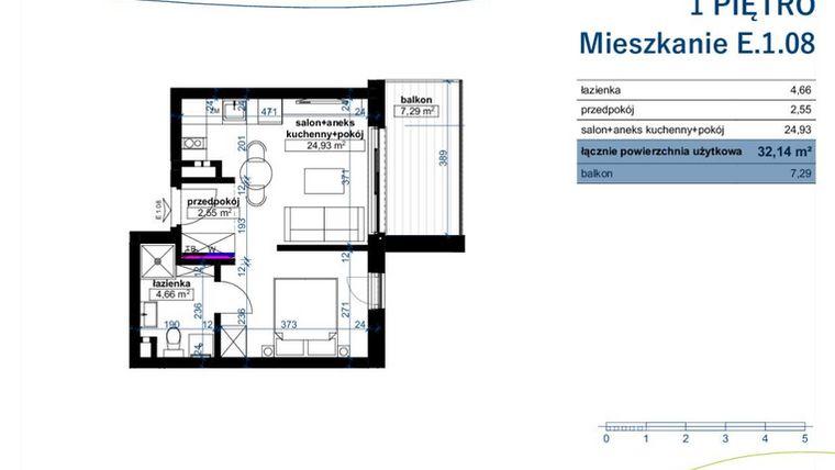 Rzut - Mieszkanie na sprzedaż 1 pokój o powierzchni 32,14 m² - numer E.1.08 w Wzgórze Poetów 2
