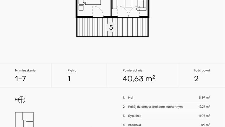 Rzut - Mieszkanie na sprzedaż 2 pokoje o powierzchni 40,63 m² - numer 1-7 w Pączka 1