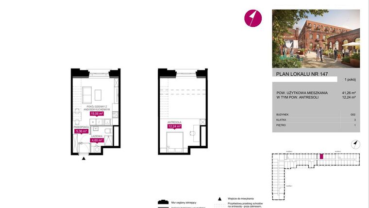 Rzut - Mieszkanie na sprzedaż 1 pokój o powierzchni 41,26 m² - numer G2.147 w Fuzja Lofty
