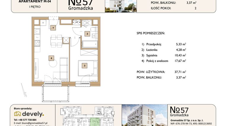 Rzut - Mieszkanie na sprzedaż 2 pokoje o powierzchni 37,71 m² - numer M-04 w Gromadzka 57