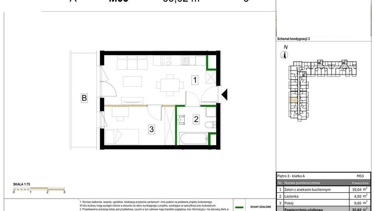 Rzut - Mieszkanie na sprzedaż 2 pokoje o powierzchni 33,62 m² - numer M53 w Zagórskie Tarasy