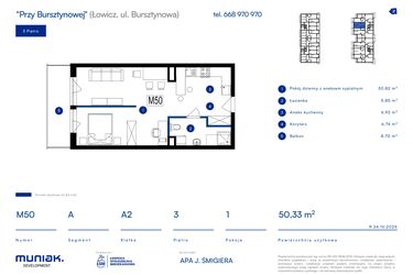 Rzut - Mieszkanie na sprzedaż 1 pokój o powierzchni 50,33 m² - numer 50A w Przy Bursztynowej