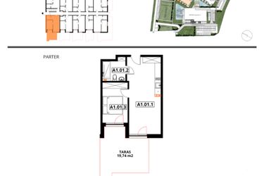 Rzut - Mieszkanie na sprzedaż 2 pokoje o powierzchni 43,11 m² - numer A1.01 w Apartamenty Dźwirzyno