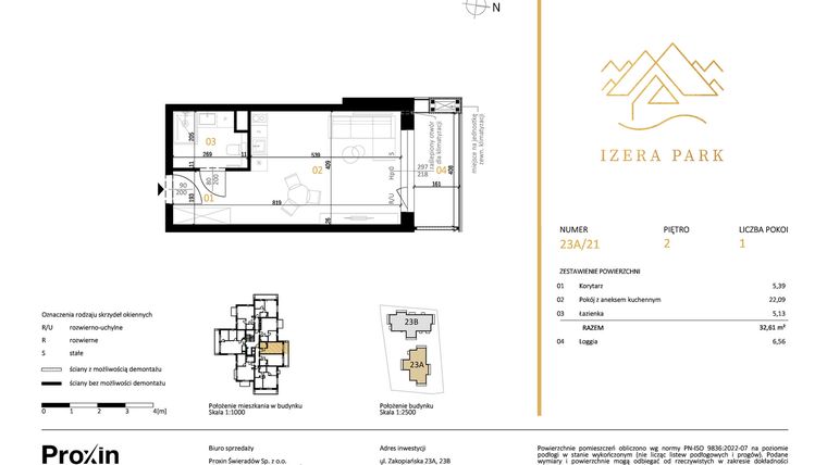 Rzut - Mieszkanie na sprzedaż 1 pokój o powierzchni 32,61 m² - numer 23A/21 w Izera Park