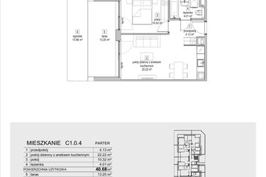 Rzut - Mieszkanie na sprzedaż 2 pokoje o powierzchni 40,68 m² - numer C1.0.4 w ATAL Symbioza IB