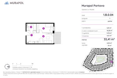 Rzut - Mieszkanie na sprzedaż 2 pokoje o powierzchni 33,41 m² - numer 1.B.0.04 w Murapol Portovo etap II